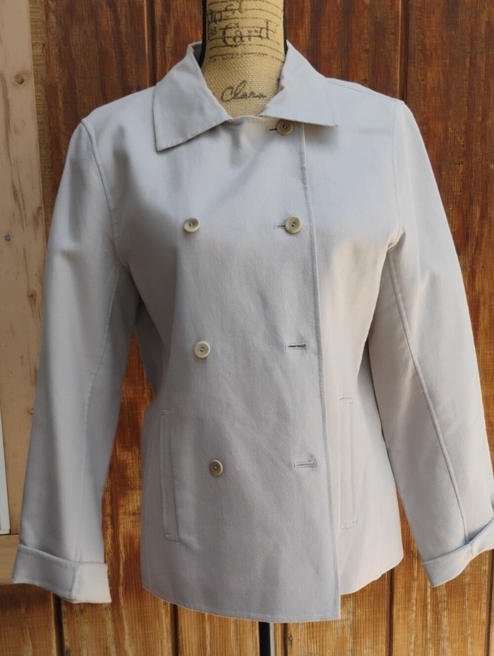 Eileen Fisher Light Khaki Double-Breasted Pea Jacket - Picture 3 of 9